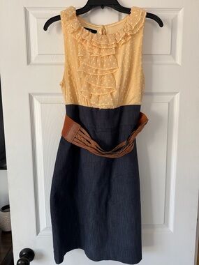 AGB Yellow Ruffle Bodice Midi Dress with Navy Skirt